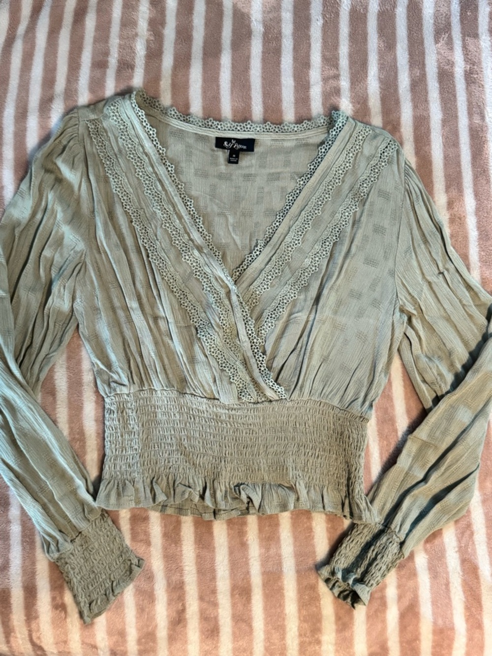 Self Esteem Sage Green Lace-Trim Wrap Blouse